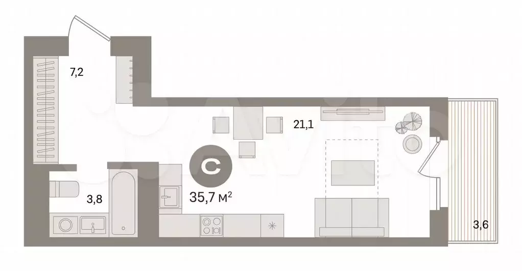 Квартира-студия, 35,7 м, 6/24 эт. - Фото 0
