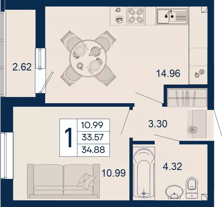 1-к кв. Краснодарский край, Краснодар  (34.88 м) - Фото 1