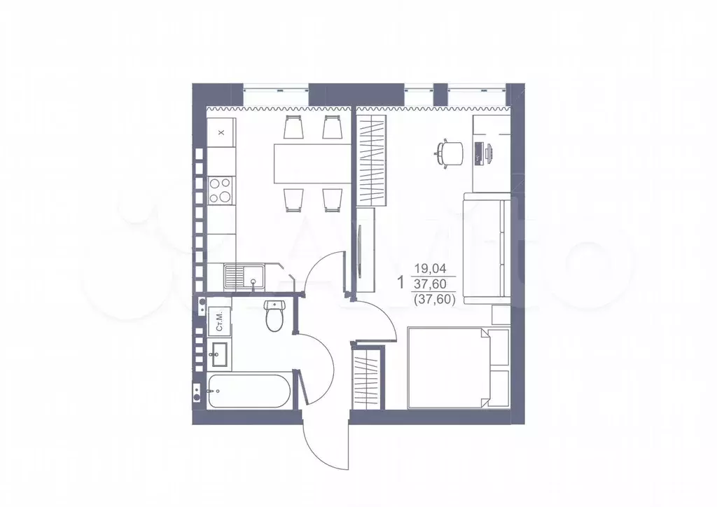 1-к. квартира, 38 м, 3/3 эт. - Фото 0