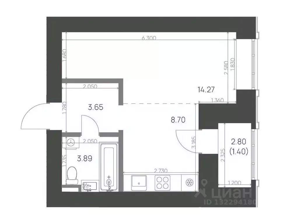Студия Татарстан, Нижнекамск 15-й мкр, Калина жилой комплекс (31.91 м) - Фото 0