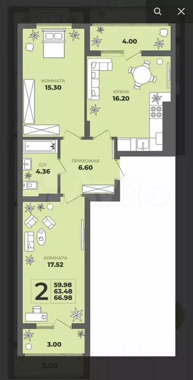 2-к. квартира, 63,5 м, 6/8 эт. - Фото 1