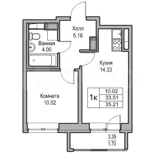 1-к. квартира, 33,5м, 3/23эт. - Фото 1