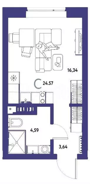 Квартира-студия, 24,6 м, 5/16 эт. - Фото 1