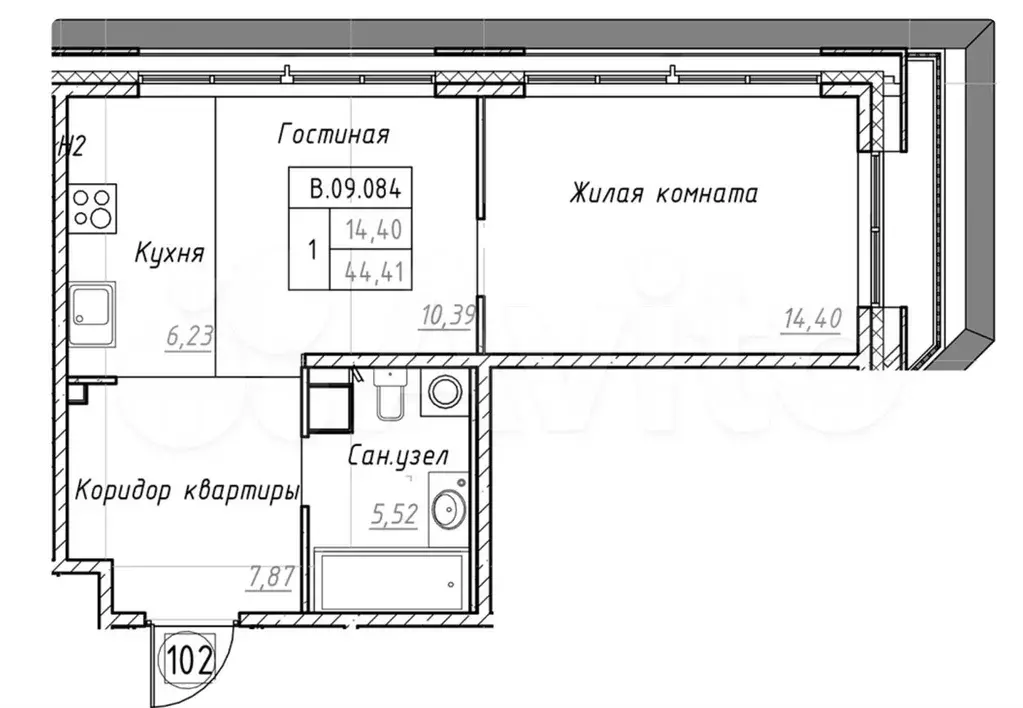 1-к. квартира, 44,4 м, 9/9 эт. - Фото 0