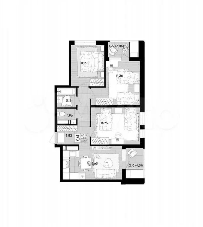 3-к. квартира, 73,8 м, 13/18 эт. - Фото 1