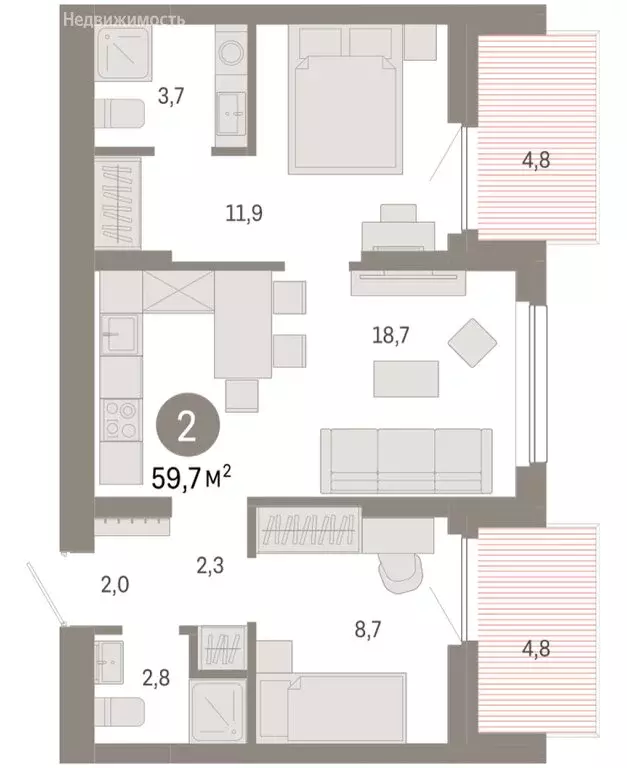 2-комнатная квартира: Новосибирск, квартал Лебедевский (59.7 м) - Фото 1