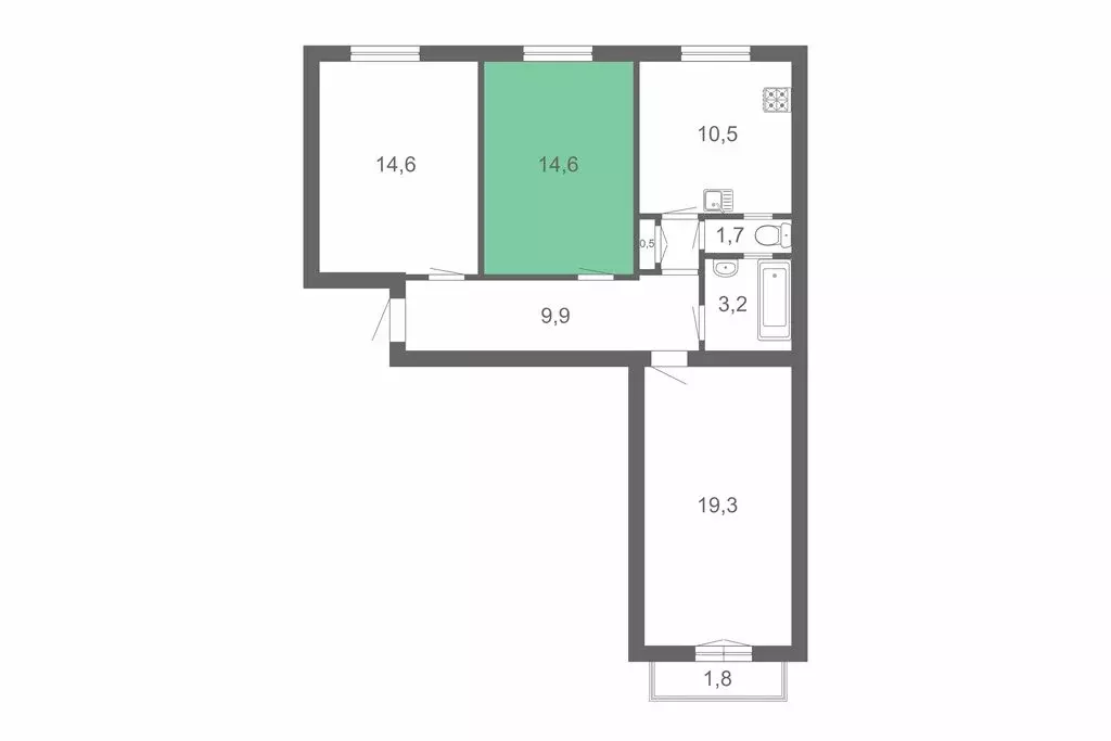 1к в 3-комнатной квартире (14.6 м) - Фото 1