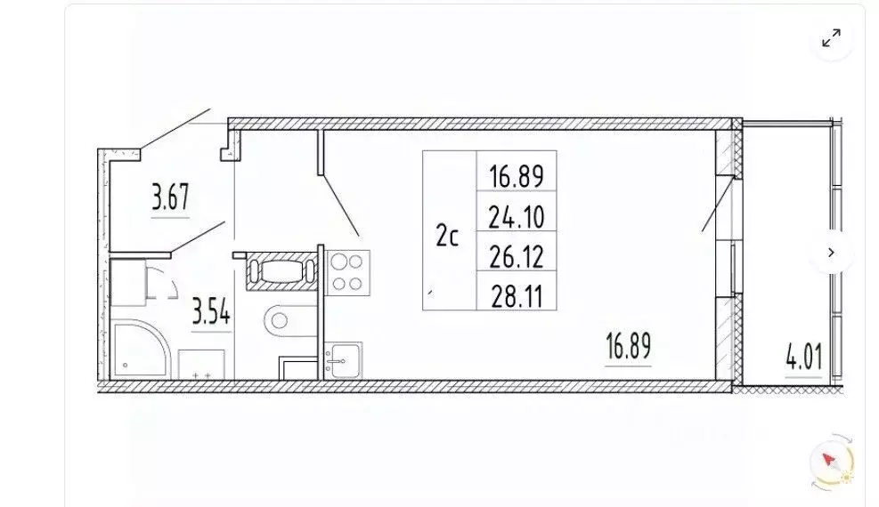 Студия Санкт-Петербург аллея Арцеуловская, 9 (24.1 м) - Фото 1