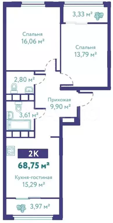 2-к. квартира, 68,8 м, 5/10 эт. - Фото 1