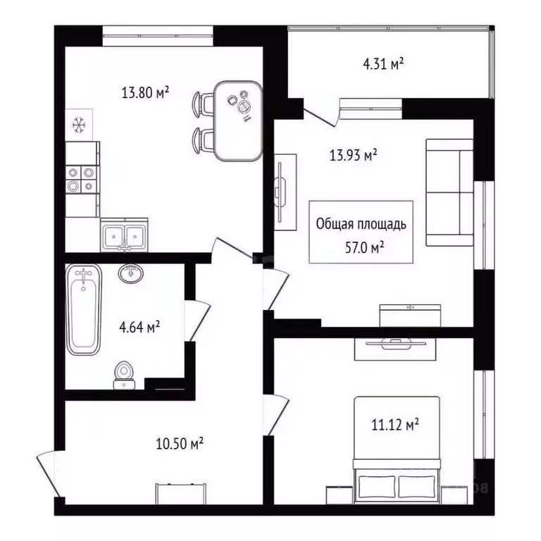 2-к кв. Новосибирская область, Новосибирск Фабричная ул., 65/2 (57.0 ... - Фото 2