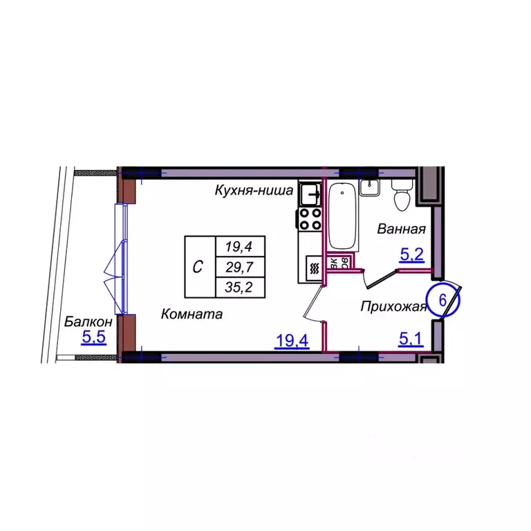 Студия Калининградская область, Светлогорск Балтийская ул. (35.2 м) - Фото 1