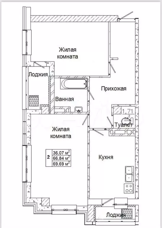 2-к. квартира, 69,9 м, 10/17 эт. - Фото 0