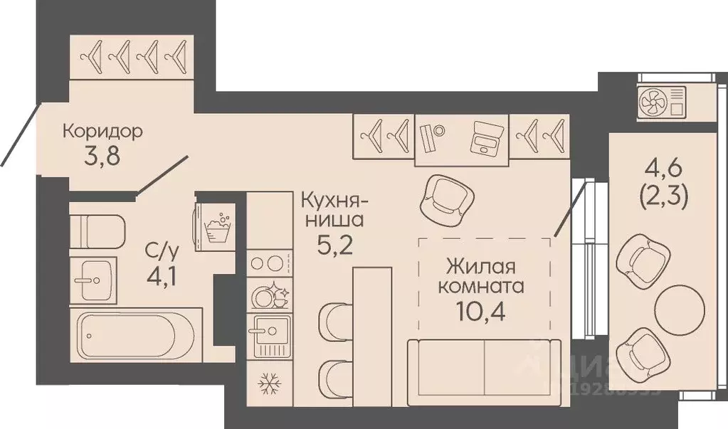 Студия Волгоградская область, Волгоград Трехгорная ул., 27 (25.8 м) - Фото 1