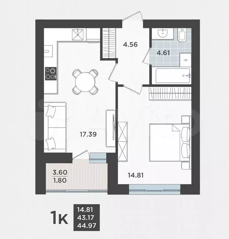 1-к. квартира, 43,2 м, 1/9 эт. - Фото 1