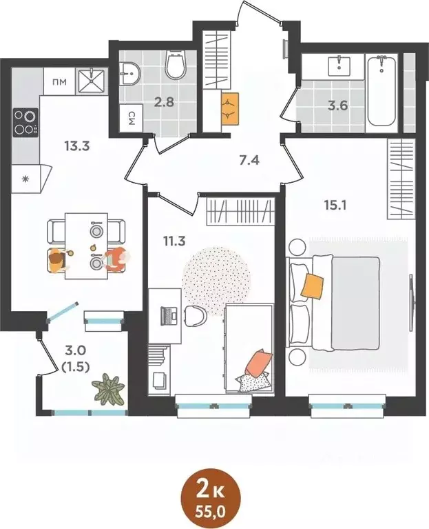 2-к кв. Пермский край, Пермь ул. Куфонина, 1 (55.0 м) - Фото 1