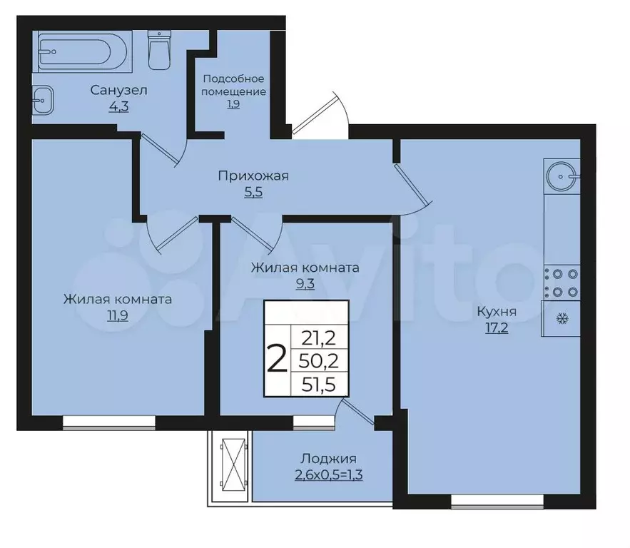 2-к. квартира, 51,5 м, 7/7 эт. - Фото 0