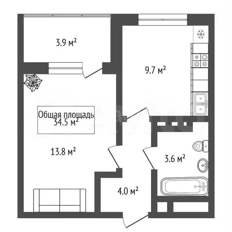 1-к. квартира, 34,5 м, 4/17 эт. - Фото 0