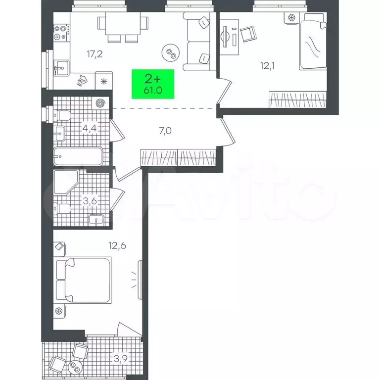 2-к. квартира, 61,1 м, 4/22 эт. - Фото 0