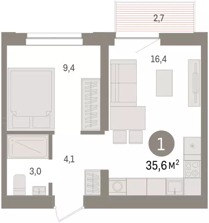 1-комнатная квартира: Тюмень, жилой комплекс Речной Порт (35.3 м) - Фото 2