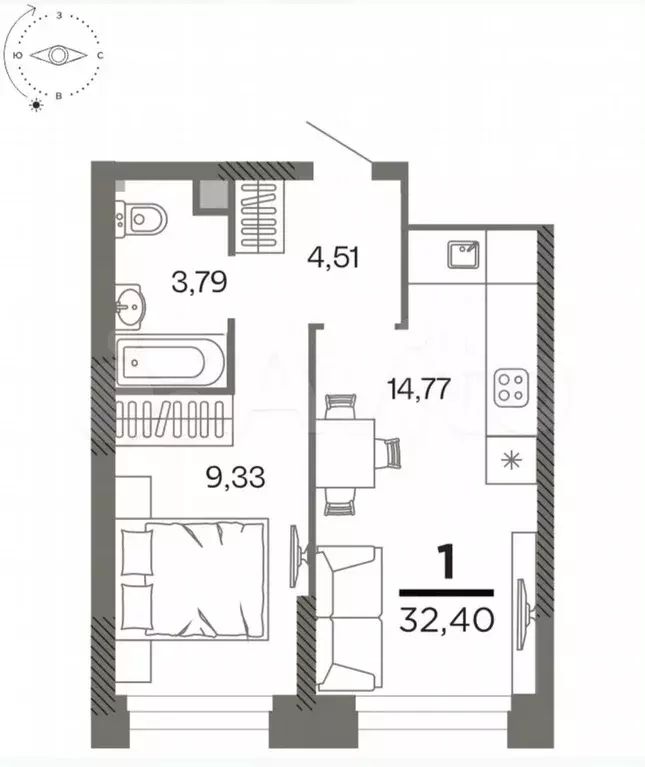 1-к. квартира, 32,4 м, 14/25 эт. - Фото 1