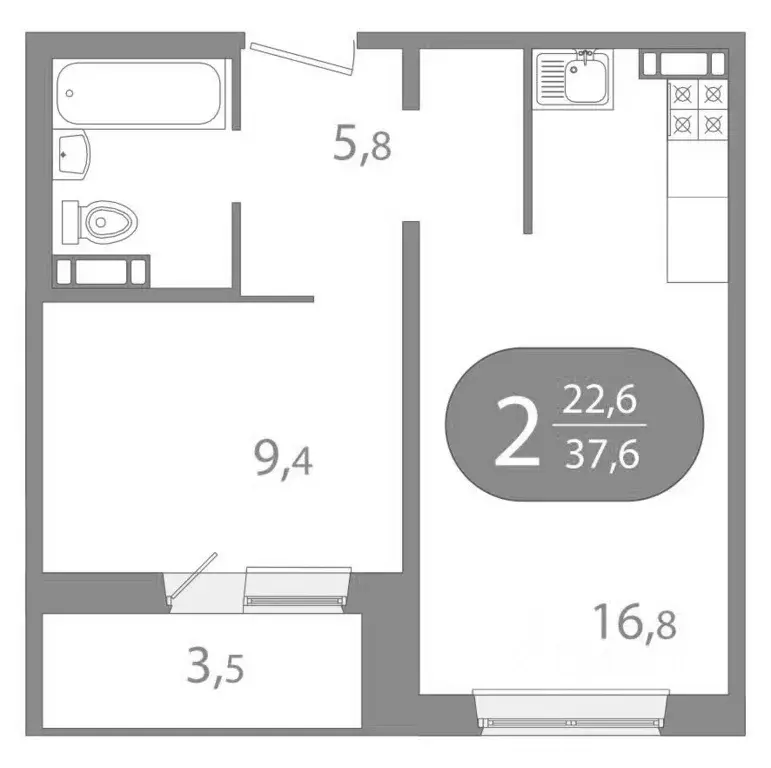 2-к кв. Томская область, Томск ул. Пришвина, 43 (37.61 м) - Фото 1