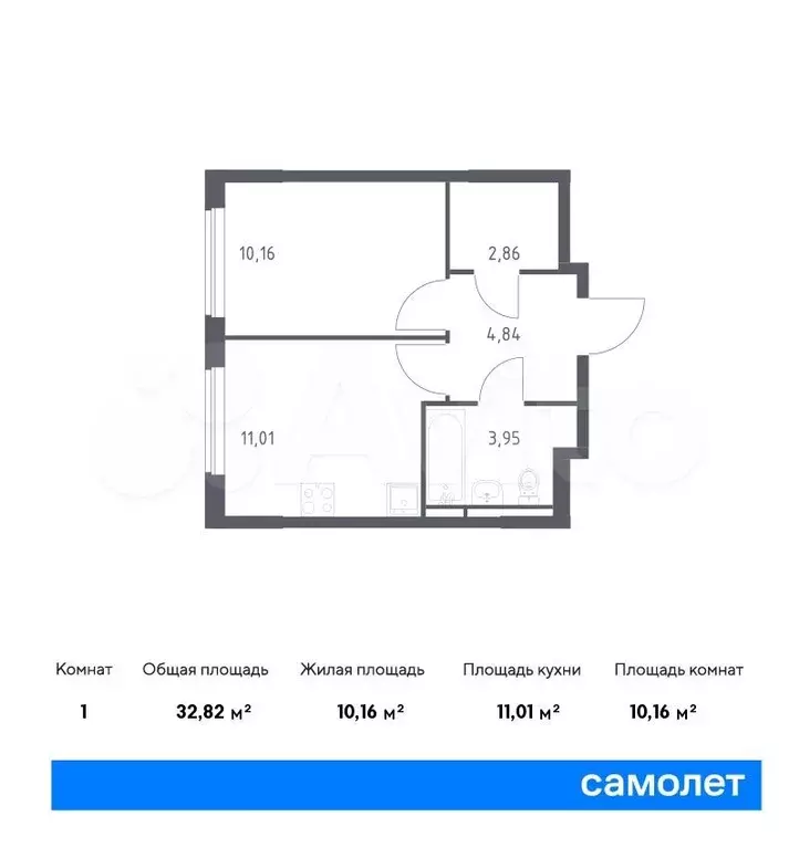 1-к. квартира, 32,8м, 17/17эт. - Фото 0