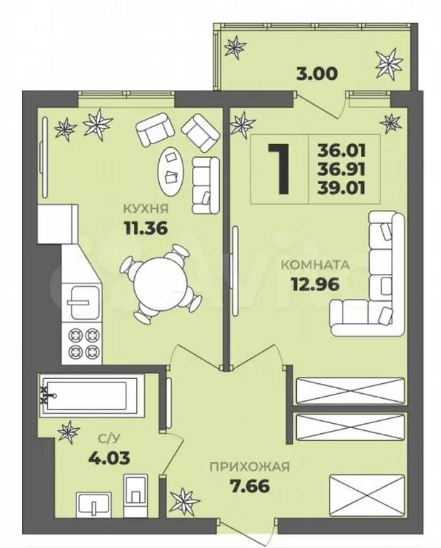 1-к. квартира, 36,9 м, 8/8 эт. - Фото 1