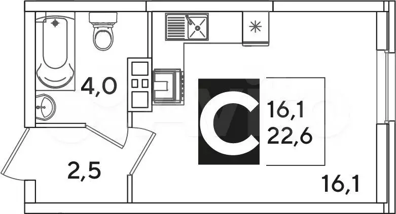 Квартира-студия, 22,6 м, 7/16 эт. - Фото 1