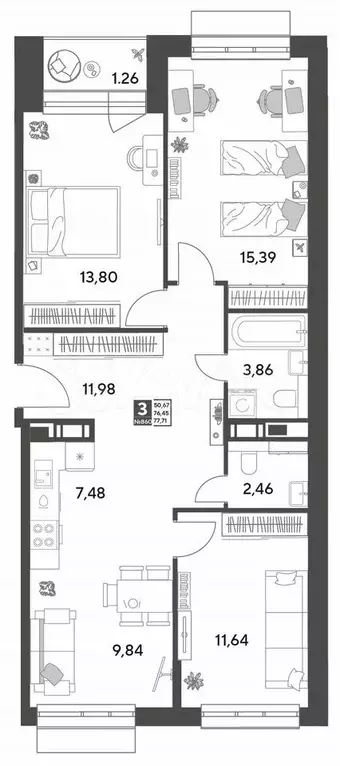 3-к. квартира, 77,7 м, 8/9 эт. - Фото 0