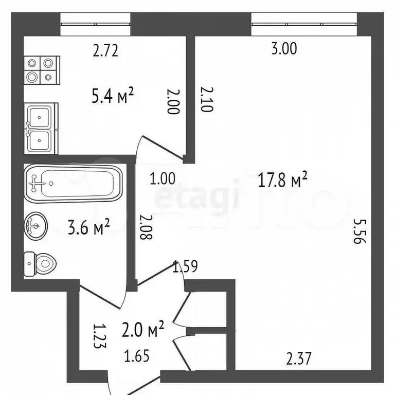 1-к. квартира, 29,5 м, 1/4 эт. - Фото 0