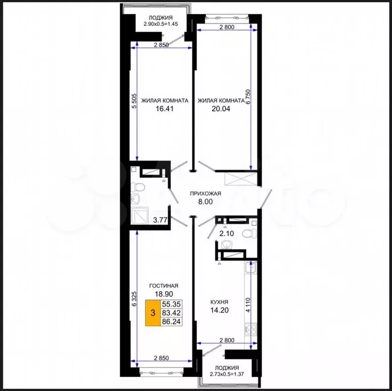 3-к. квартира, 86,2 м, 12/25 эт. - Фото 1