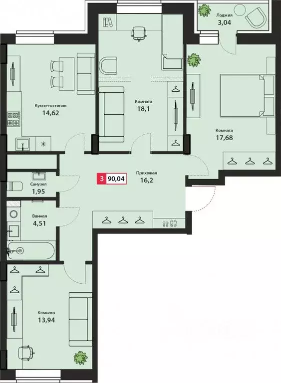 3-к кв. Тверская область, Тверь Брусилово мкр,  (90.04 м) - Фото 1