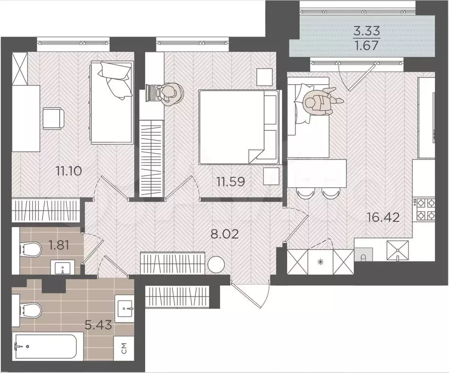 2-к. квартира, 56 м, 1/9 эт. - Фото 1