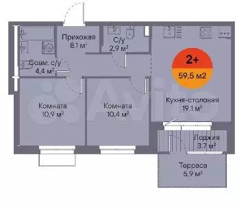 2-к. квартира, 60 м, 2/16 эт. - Фото 1