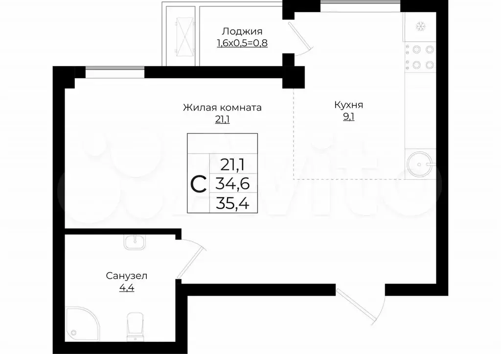 Квартира-студия, 35,4 м, 2/9 эт. - Фото 0