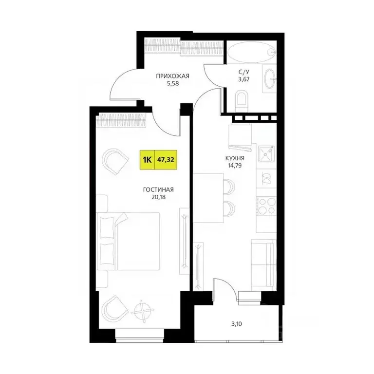 1-к кв. Дагестан, Дербент  (47.32 м) - Фото 1