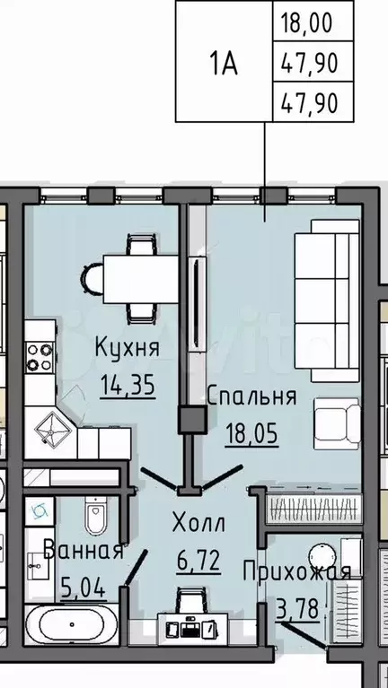 1-к. квартира, 47,9 м, 12/25 эт. - Фото 0