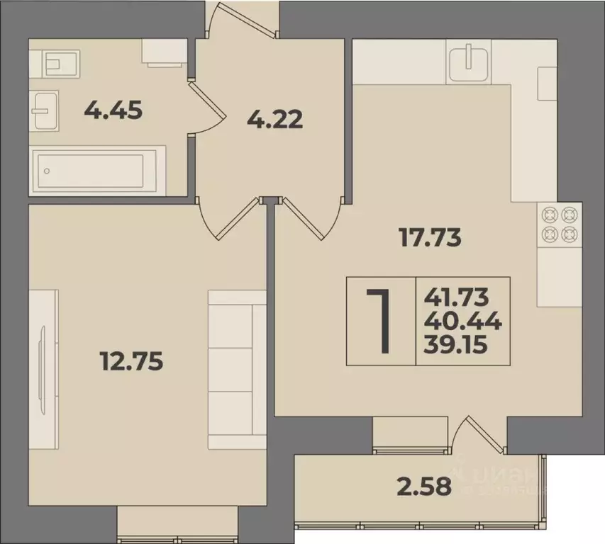 1-к кв. Калининградская область, Калининград Суздальская ул. (41.73 м) - Фото 1