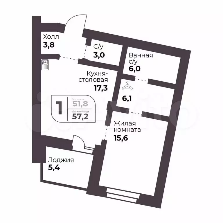 1-к. квартира, 51,8 м, 6/9 эт. - Фото 0