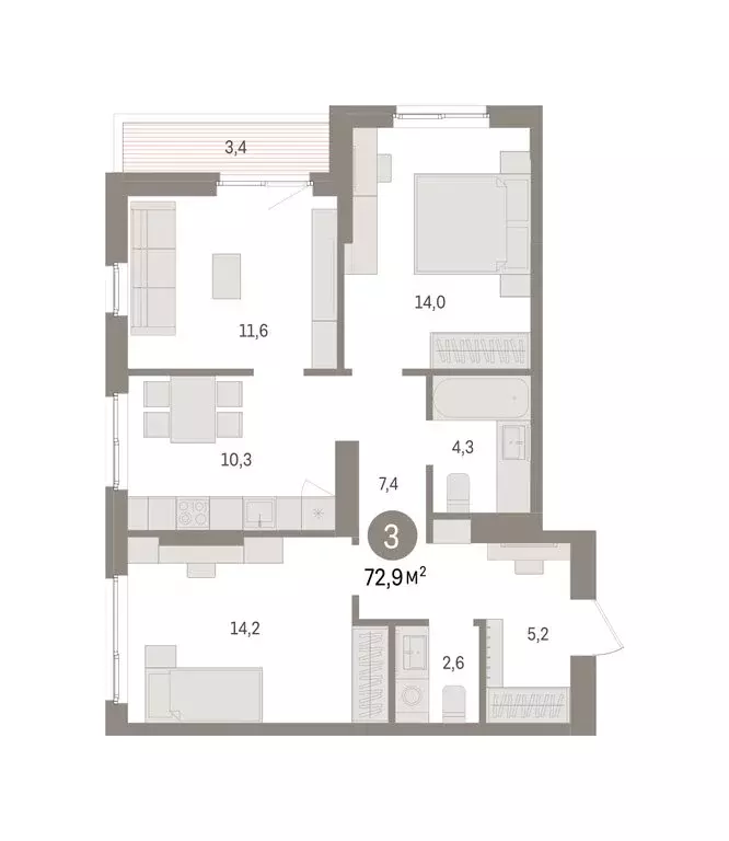 3-комнатная квартира: Пермь, микрорайон Крохалева (72.94 м) - Фото 2