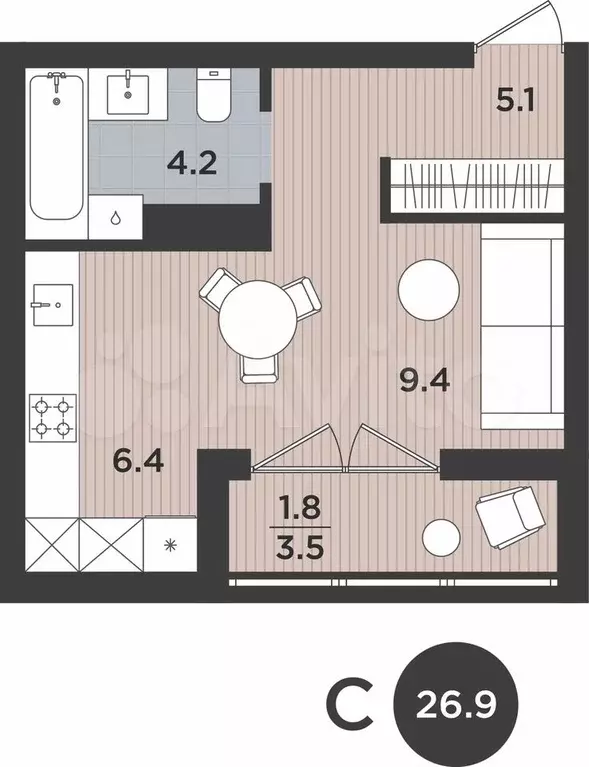 1-к. квартира, 26,6 м, 6/9 эт. - Фото 1