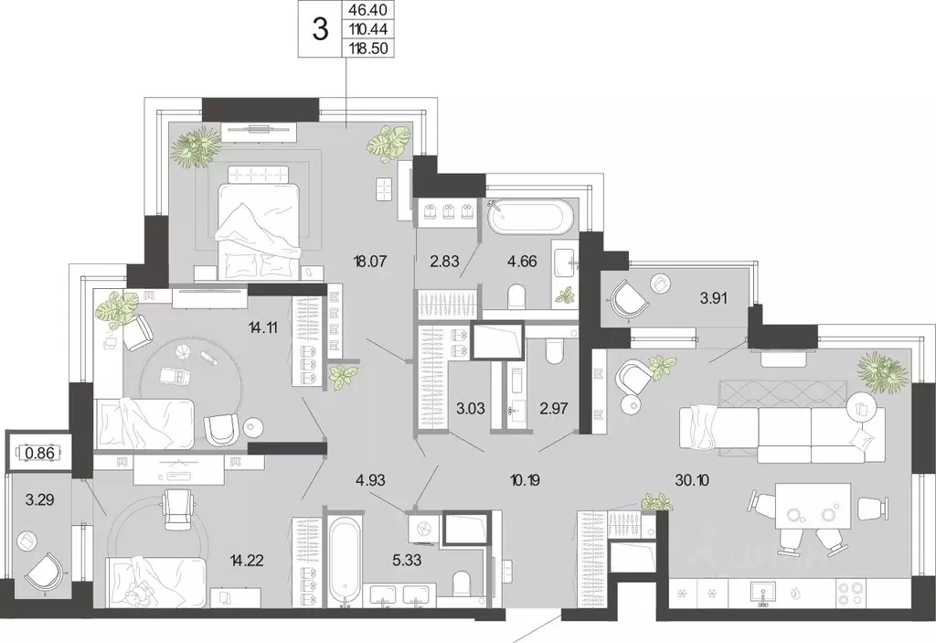 3-к кв. Тульская область, Тула ул. Фридриха Энгельса, 74 (118.5 м) - Фото 2