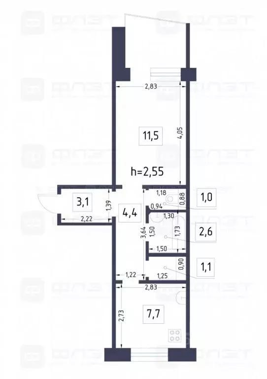 1-к кв. Татарстан, Казань ул. Академика Глушко, 3 (31.7 м) - Фото 2