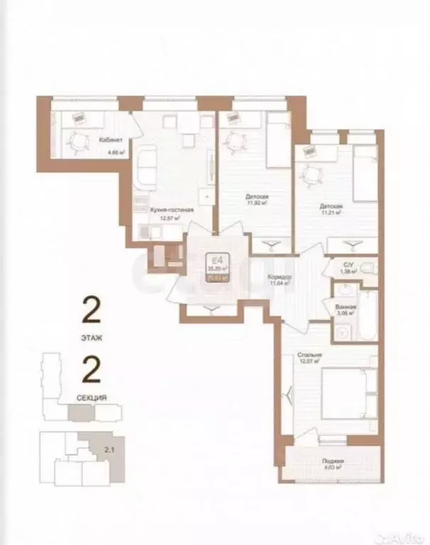 3-к кв. Тульская область, Тула проезд 2-й Клинской, 6 (71.1 м) - Фото 2