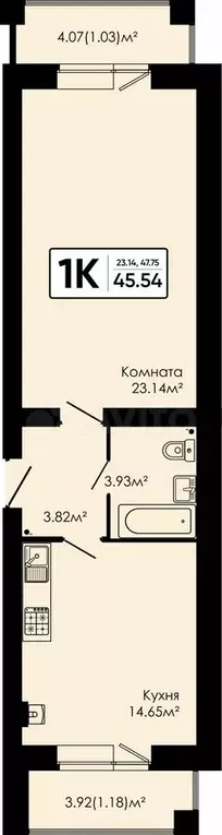 1-к. квартира, 45,5 м, 3/4 эт. - Фото 0