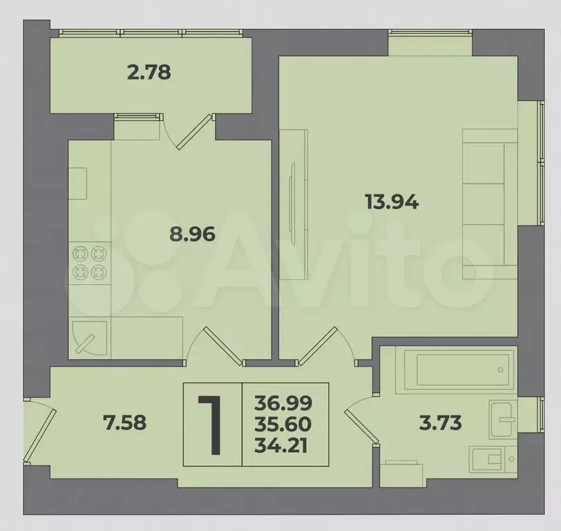 1-к. квартира, 37 м, 5/9 эт. - Фото 1