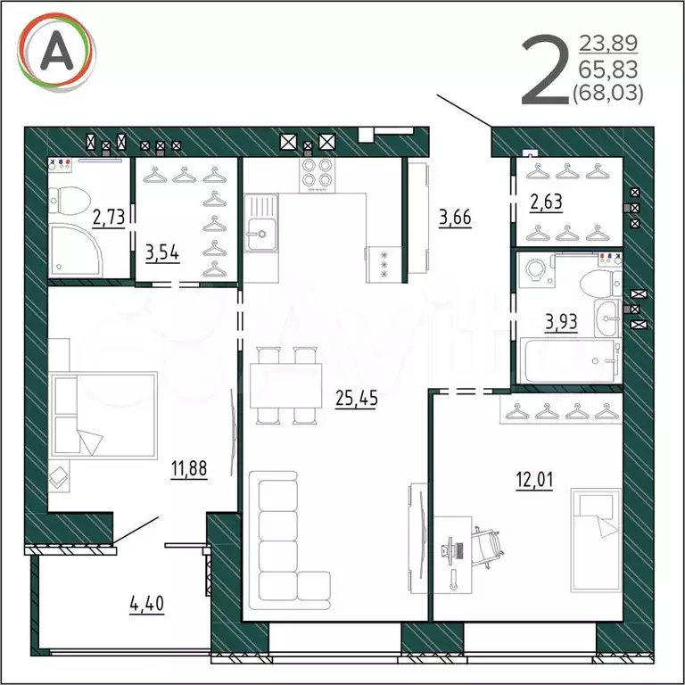 2-к. квартира, 68 м, 2/9 эт. - Фото 1