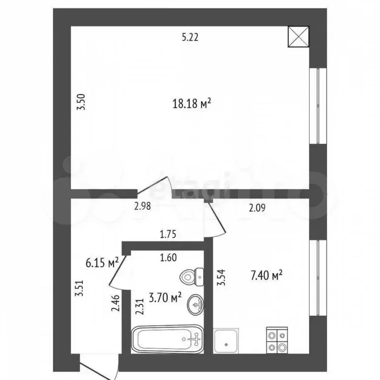 1-к. квартира, 35,4 м, 4/4 эт. - Фото 0