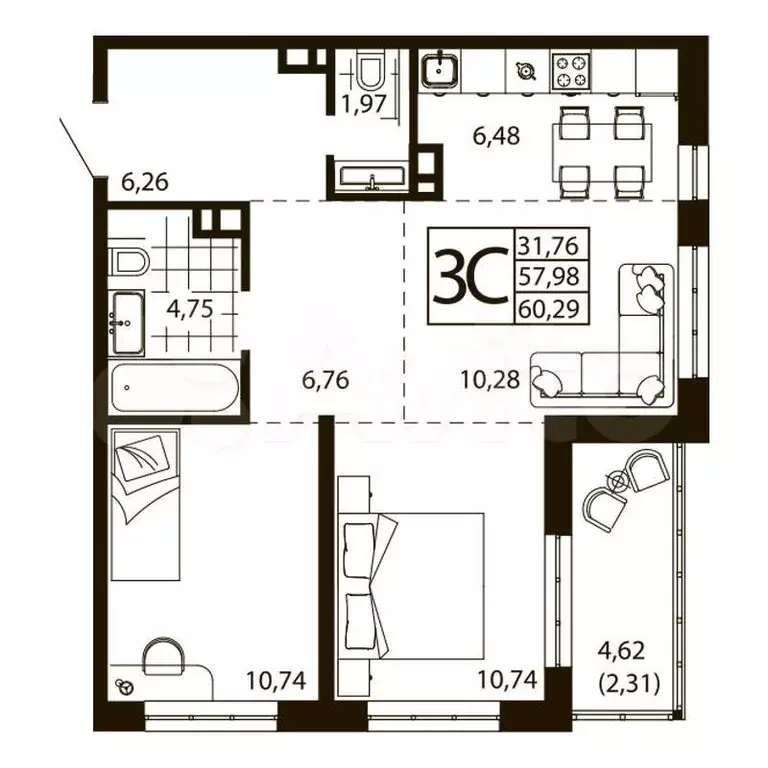 3-к. квартира, 60 м, 13/24 эт. - Фото 0