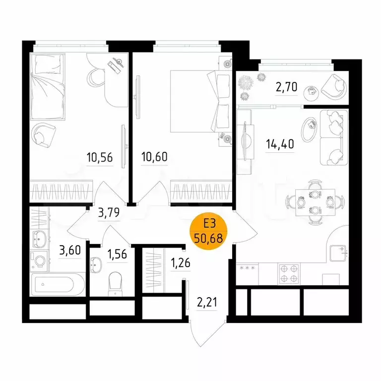 2-к. квартира, 50,7 м, 22/25 эт. - Фото 1